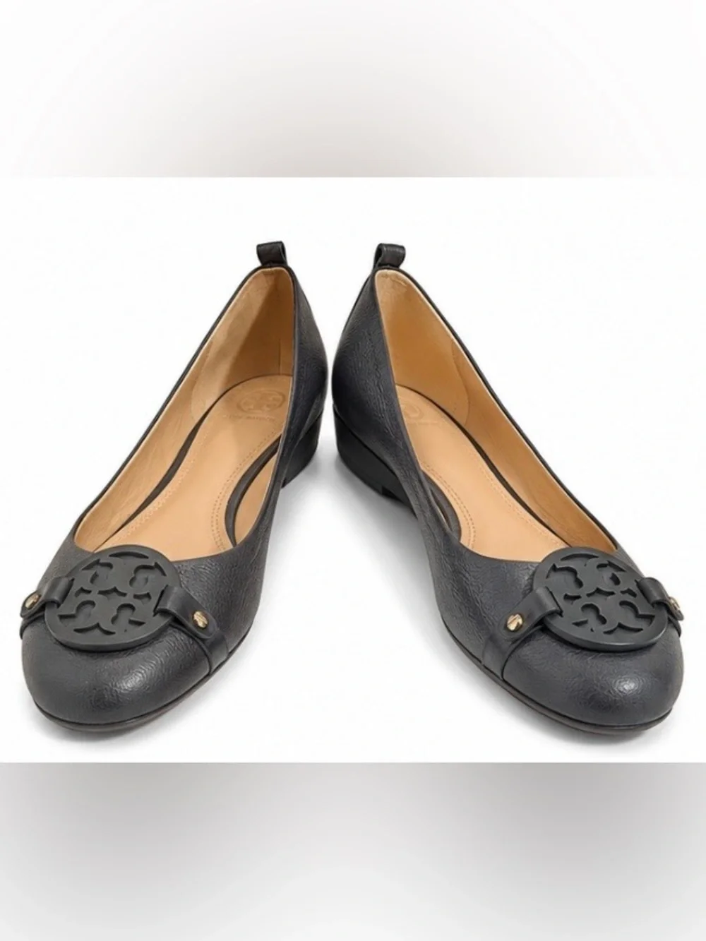 Tory Burch Navy Blue Leather Logo Round-Toe Ballet Flats